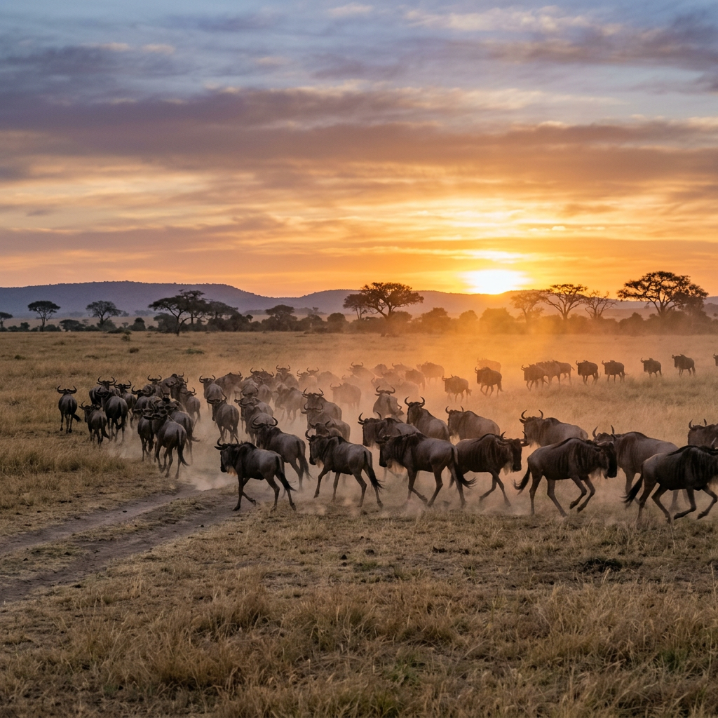 A herd of wildebeest running on dusty ground in a grassy savanna with a sunset and scattered trees in the background