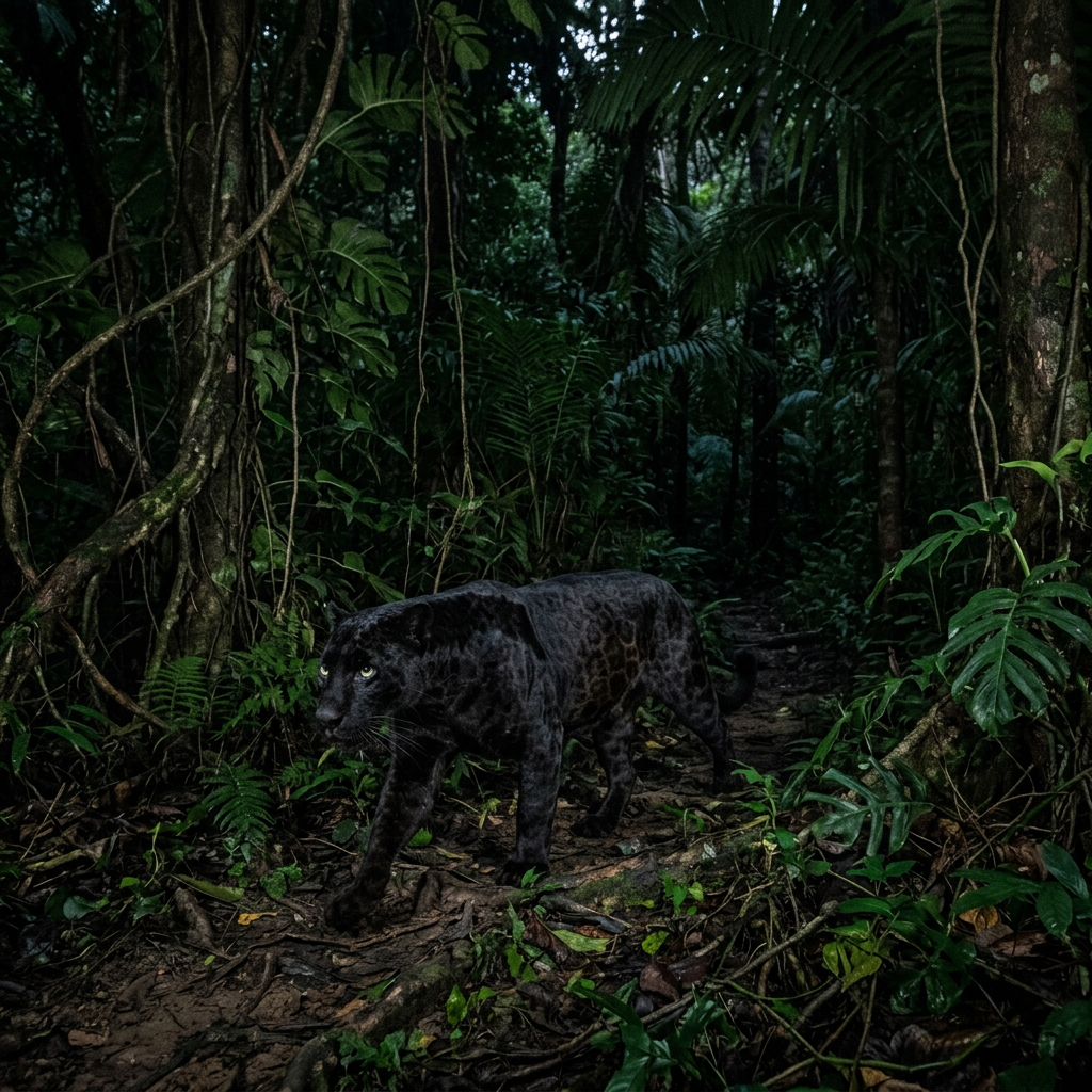 Black jaguar walking on forest floor surrounded by dense green plants and trees