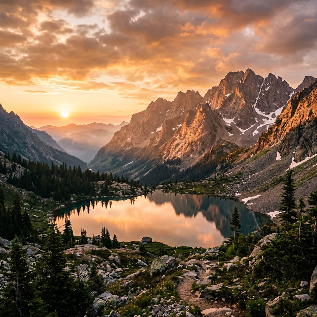 Mountain lake reflecting sunset sky with rocky peaks and pine trees